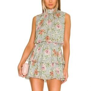 NWT Revolve Yumi Kim Green Floral Kiss Me Tiered Mini Dress Women's L